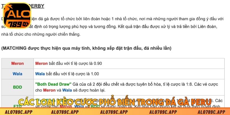 Các loại kèo cược phổ biến trong đá gà Peru