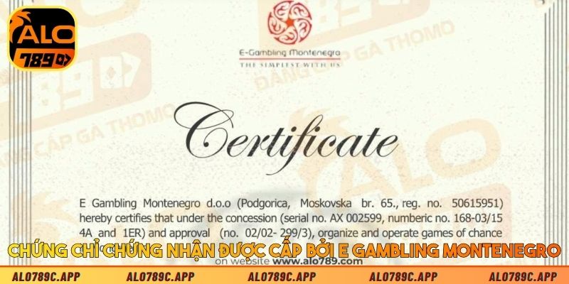 Chứng chỉ chứng nhận được cấp bởi E Gambling Montenegro