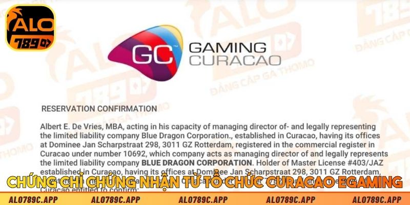 Chứng chỉ chứng nhận từ tổ chức Curacao eGaming